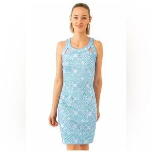 GRETCHEN SCOTT Turquoise Print Dress Large Sleeveless Shift Resort Summer